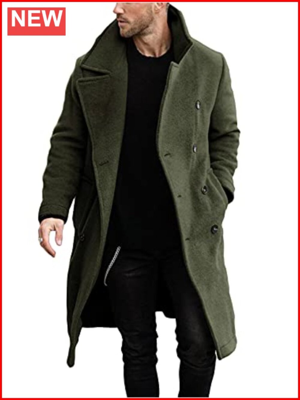 Mens Double Breasted Trench Coat Notch Lapel Long Overcoat